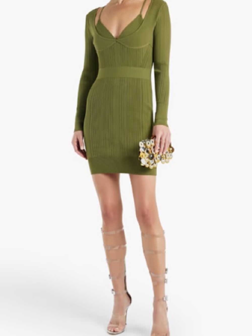 Herve Leger Olive Cutout Ribbed Long Sleeve Bodycon Dress